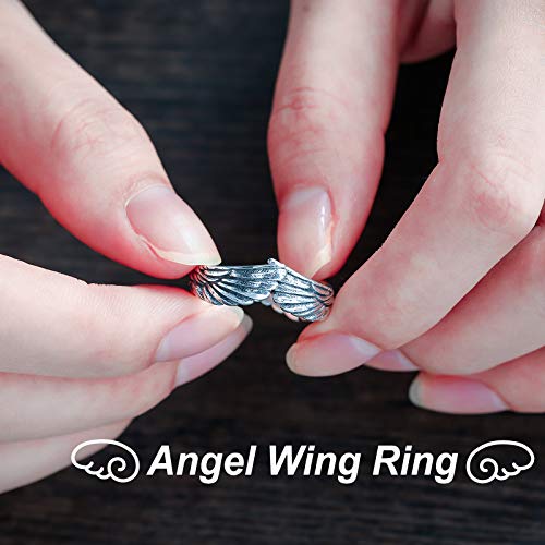 GAGAFEEL Antique 925 Sterling Silver Couple Ring for Women Men Feather Angel Wing Mens Rings Silver Wedding Band Vingage Open Promise Rings for Couples Adjust Size 6-13 (S: Adjust Sizes 6-11)