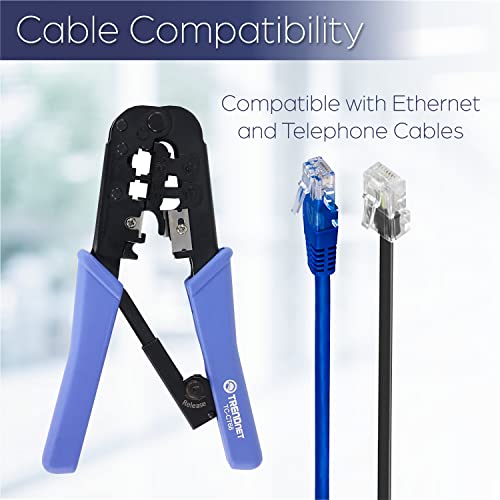 TRENDNET CRIMPING TOOL, CRIMP, CUT, AND STRIP TOOL, FOR ANY ETHERNET OR TELEPHONE CABLE, BUILT-IN CUTTER AND STRIPPER, 8P-RJ-45 AND 6P-RJ-12, RJ-11, ALL STEEL CONSTRUCTION, BLACK, TC-CT68