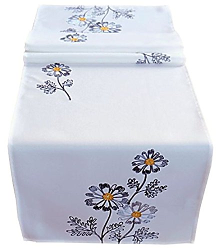 Spring Wool White Grey Flowers Embroidered Table Runner Tablecloth Summer, Polyester, Wollweiß, Grau - Töne, Gelb, 40 x 140 cm