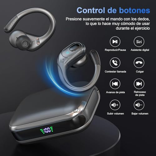 Fones de ouvido esportivos sem fio, fones de ouvido estéreo Bluetooth, 75 horas de reprodução, com microfone HD, cancelamento de ruído ENC, tela de LED duplo, à prova d'água IP7