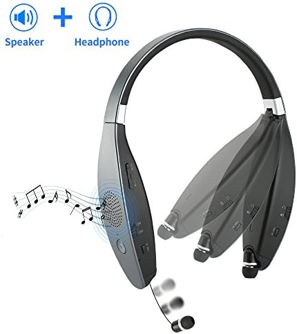 Sindcom Bluetooth Headphones Built-in Wireless Speaker Portable 2-in-1 Design Stereo Foldable Neckband Retractable Sweat-proof Earbuds 32 Hours Long Battery (Headphone) iPhone Android Devices (Grey)