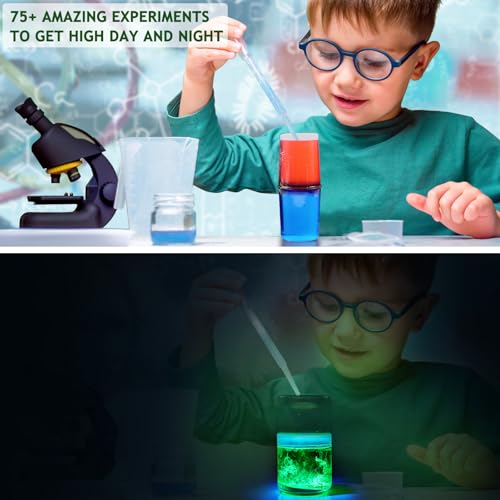 Greek Science 75+ Science Experiments for Kids, Glow in the Dark Science Kit with Glowing Test Tube, Glowing Waves, Colorful Bouncy Balls, STEM Toys Christmas Birthday Gift for Girls and Boys