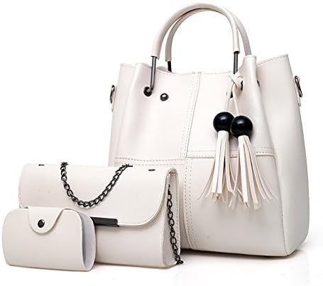 PU Leather Handbag+Shoulder Bag+Purse 3pcs Set Tote for Women with Zipper and Pockets (White1)