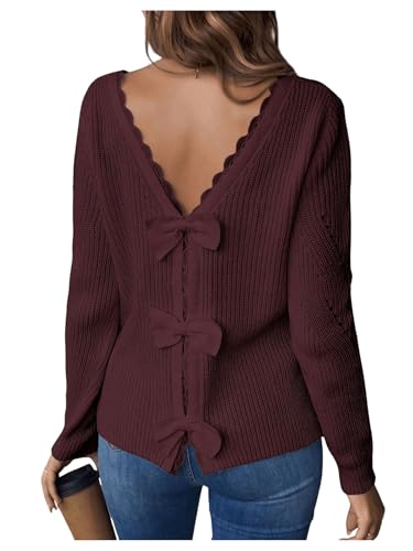 SOLY HUX Women's Sweaters Lace Bow Back Long Sleeve V Neck Pullover Casual Jumper Tops Pure Burgundy Small at Amazon