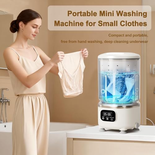 Mini Washing Machine with Dryer Portable, 2L Underwear Washer, Rechargeable Wireless Washing-Machine, Laundry Cup for Bra, Underwear, Socks (Beige)