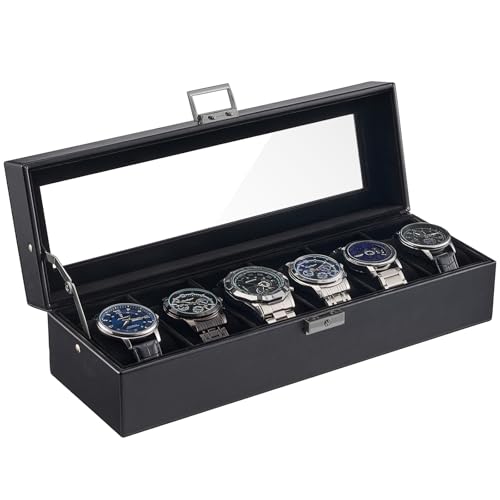 ProCase 6 Slot Watch Case Box for Men, PU leather Man Watch Organizer with Soft Pillow, Lockable Watch Collection Storage Holder with Glass Display Lid -AllBlack
