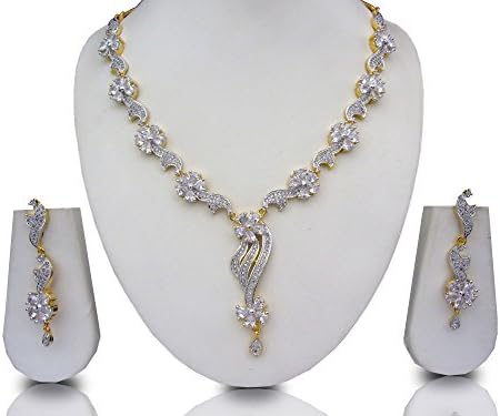 Indian Bollywood CZ American Diamond Necklace Set Bridal Gold &amp; Silver Swam Jewelry Set S-247