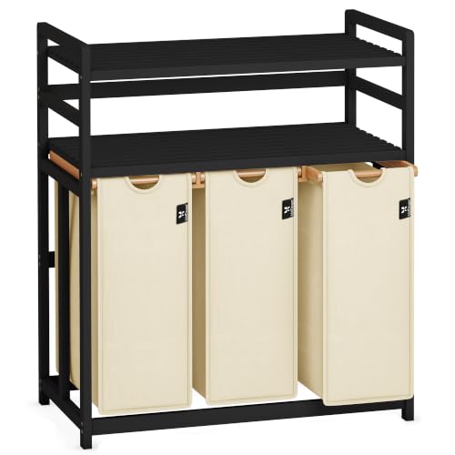 AdelDream Wäschekorb 150L,3 Fächer Wäschesammler,2 Ablagen,Bambus