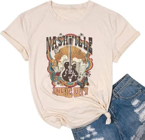 Women Vintage Rock Band Shirts Country Music Shirts Graphic Tees Concert Outfit Short Sleeve Tops(L,Beige) at Amazon