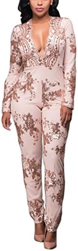 Engood Women's Sexy Long Sleeve Sequins Deep V-Neck Long Wide Leg Pants Jumpsuits Rompers Champagne