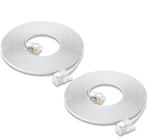 MAOZHOU 6m White Flat Telephone Extension Cable for Landline, Fax, Modem - 6P4C to 8P8C Connector