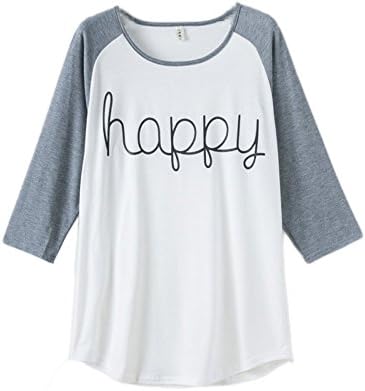Women Happy Letter Printed Tops Long Sleeve O-neck Shirt (Medium, Grey)