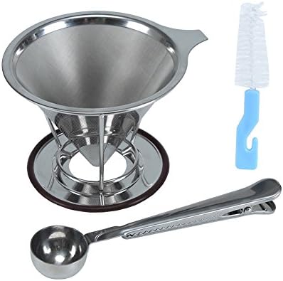 Ottertooth Paperless Pour Over Coffee Dripper, Permanent Stainless Steel Double Mesh Washable Coffee Filter + Scoop with Bag Clip + Cleaning Brush, for 1-4 cups (Stand Separation)