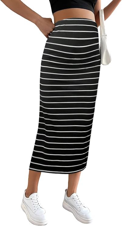 Photo 1 of SHENHE Women's Maternity Skirt Adjustable Rib Knit High Waist Split Pencil Long Skirt Striped Black White X-Large