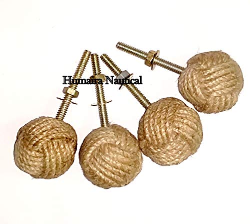 Humaira Nauticals Jute Rope Door Knobs/Rope Knot Drawer Pulls and Knobs/Pull and Push Handle Knobs for Cabinets, Wardrobes & Cupboards/Nautical Hardware Decor, 47 mm, Set of 4
