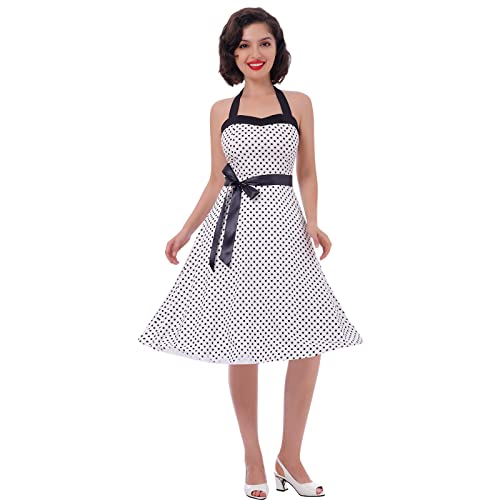 IWEMEK Vintage 50er Jahre Damen Retro Rockabilly Pin Up Elegantes ärmelloses Kleid mit Herzausschnitt Polka Dot Trapez Brautkleid für Hochzeit Cocktail Party Zeremonie Casual am Knie Midi S-XXL, weiß