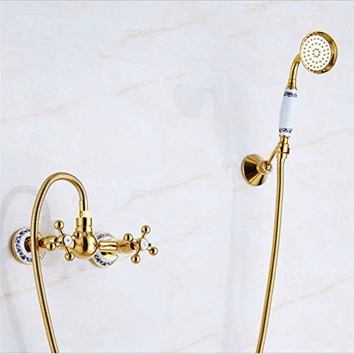 Bathroom Wall Mounted Shower System Set,Gold Plated Bathtub Faucet Double, Golden Full Copper Hot and Cold Mixer
