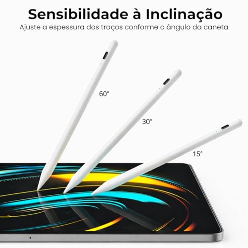 Caneta para iPad 2018-2026 Alta Precisão 1.0mm – Palm Rejection, Escrita Natural, Recarga Rápida USB-C, Fixação Magnética, Compatível com iPad Pro, Air, Mini e 6ª a 11ª Geração (Branca)