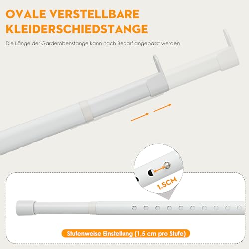 Clothes Rail for Wardrobe, White, Oval, 25 mm, Extendable Wall with 2 Brackets, for Wardrobe, Window, 43-101 cm