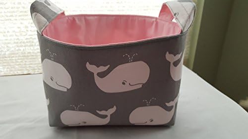 Fabric Organizer Basket Bin Caddy Storage Container - Grey with White Whales Pink Lining