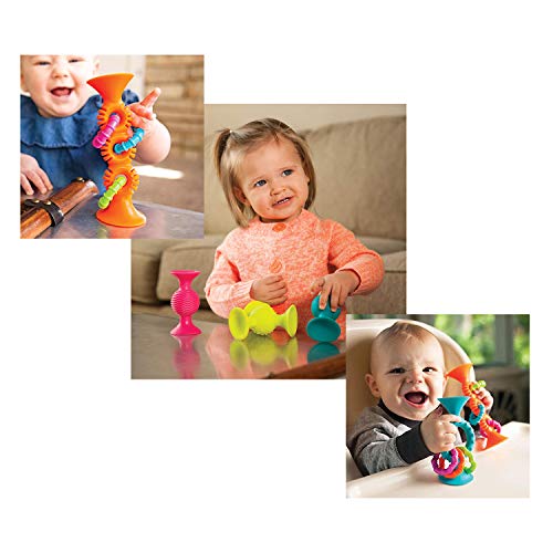 fat brain toys pipsquigz combo set - 2 pipsquigz loops y 3 rattling pipsquigz en estuche de almacenamiento con cremallera - succión de silicona sin bpa juguetes para principiantes