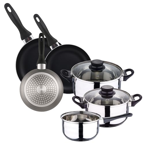 Batería de cocina 5pc acero inoxidable + Set 3 sartenes 16/20/24 aluminio prensado, gris metalizado