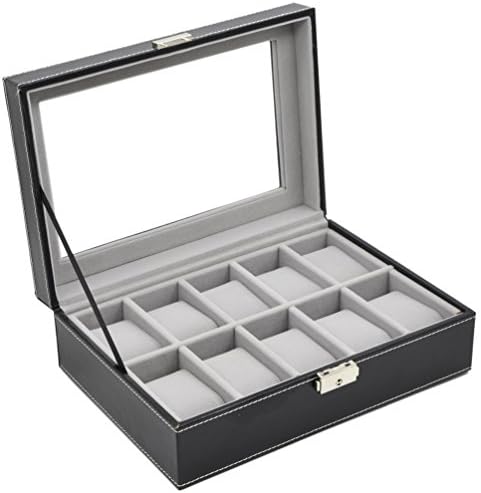 ADTL Smooth PU Leather 10 Grids Mens Lokable Watch Box Case Glass Top Black