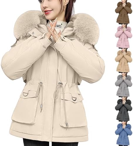 Fleece Jacket Women Winter Coats for Women UK Short Length Padded Down Jackets Ladies Warm Windproof Quilted Puffer Coat Outdoor Hiking Parka Jacket Outwear with Hood (Beige, XL)