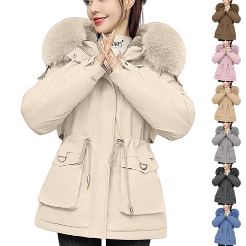 Uwdiohq Warm Winter Coats for Women UK Short Length Padded Down Jacket Ladies Windproof Quilted Puffer Coat Winter Jacket Jackets Womens Packable Waterproof Lightweight Poncho Adult Raincoat Beige