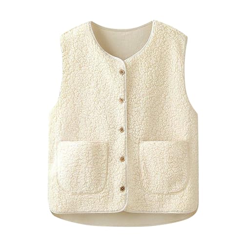 Women's Teddy Fleece Gilet Jacket V-Neck Sleeveless Waistcoat Vest Lightweight Winter Body Warmer with Pockets Botton Cozy Soft Fluffy Jacket for Ladies Outdoor Walking Running and Casual Wear S