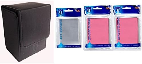 Combo Premium DOUBLE SLEEVING KIT Bundle - BLACK Leatherette ION Deck Box + 100 PINK GLOSS Finish Sleeves and 100 Perfect Fit Sleeves (fits Magic Cards)