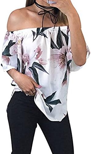 HefashionWomens Summer Off Shoulder Floral Print Blouse Short Sleeve Sexy Tops Casual Ruffle Shirt(White XL)