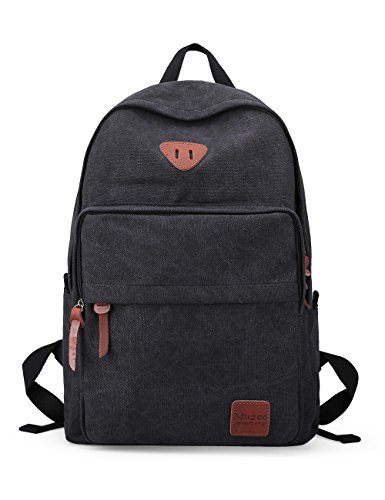Muzee Canvas Backpack for School Travel Rucksack Fits up to 15 inch Laptop Black