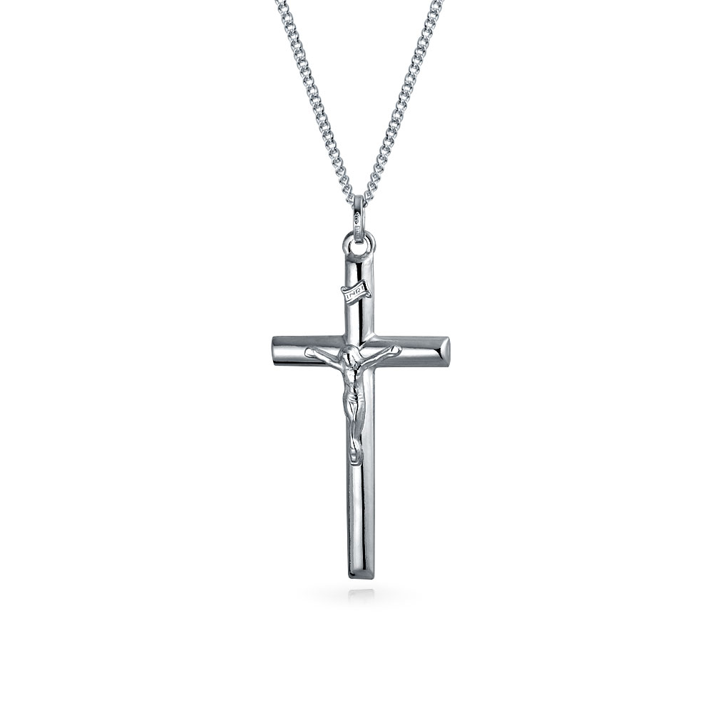 Unisex Simple Christian Catholic Religious Jewelry Large Traditional Jesus Crucifix Cross Necklace Pendant For Women Men Teen .925 Sterling Silver 2 Inch