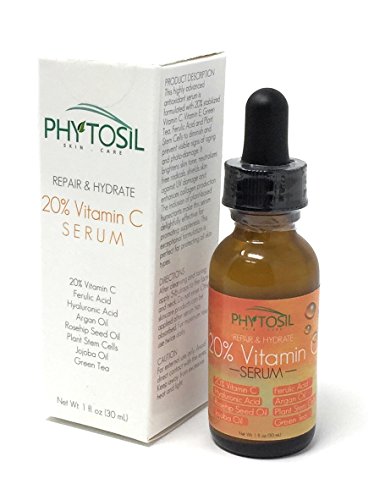 New!! 20% Vitamin C Serum- With Hyaluronic Acid, Ferulic Acid, Argan Oil, Vitamin E, Rosehip Seed Oil, Plant Stem Cells- Fights Wrinkles & Airbrushes Skin to Perfection – Phytosil 1 OZ
