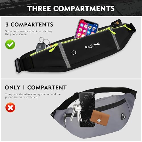 PEGINMOL Running Belt for Mobile Phone, Running Bag Jogging Waterproof Runner Waist Bag for Men and Women with 3 Pockets, Large Capacity Sports Belt, Adjustable Running Belt for Running (Black + Green)