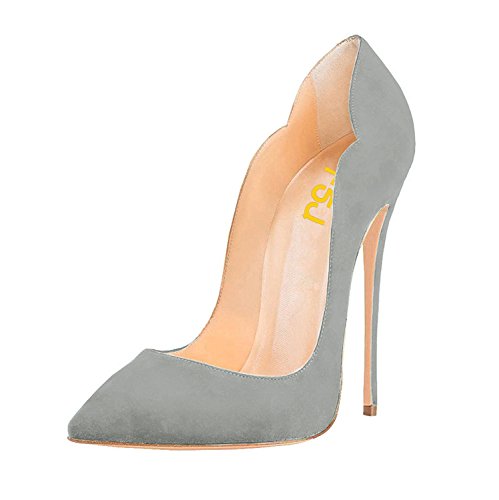 FSJ Women Classic Pointed Toe High Heels Sexy Stiletto Pumps Office Lady Dress Shoes Size 4 Grey-Suede