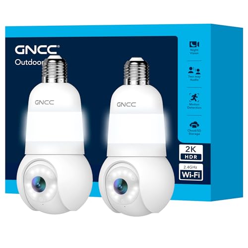 GNCC 2PCS Camera Bulb WiFi Surveillance Indoor/Outdoor 355° PTZ Camera Bulb E26/E27, 2K Color Night Vision, AI Detection, Compatible Alexa, Cloud Subscription/SD Card, 2.4Ghz WiFi
