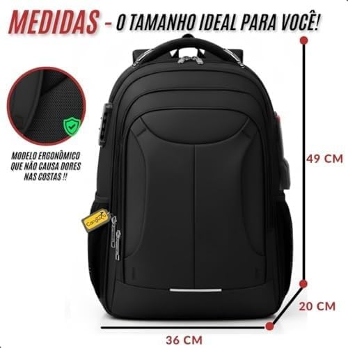 VMKLY - Mochila Bolsa Masculina Feminina Notebook Anti Furto Reforçada Semi Impermeável Escolar Faculdade Trabalho Viagem Resistente Executiva Cabo De Aço Saída Usb SAÍDA Fone DE OUVIDO - 2102 preto