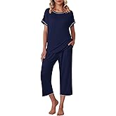 Ekouaer Women's Capri Pajama Sets Print Short Sleeve Sleepwear Top and Capri Pants Soft Loungewear with Pocket