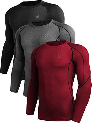 Neleus Men's 3 Pack Compression Workout Long Sleeve Shirts,5030,Black,Grey,Red,US 2XL,EU 3XL