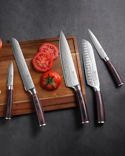 PAUDIN Juego de cuchillos de cocina sin bloque, juego de 5 cuchillos de cocina de acero inoxidable con mango Pakkawood, juegos de regalo profesional de cocina para amantes de la cocina y días más