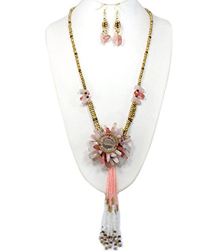 Coloful Flower Tassel Handmade Semi Precious Stone Chain Long 34" Necklace and Earring Statement Jewelry by Joon's Collection