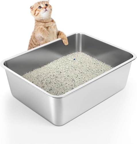 Stainless Steel Cat Litter Box - Large Litter Box for Big Cats - Easy to Clean, Never Absorbs Odor, Stains, or Rusts - Silver (17.7" L x 13.5" W x 6" H)