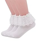 YASIDI Women Lace Ruffle Frilly Ankle Socks (3 Pairs-White)