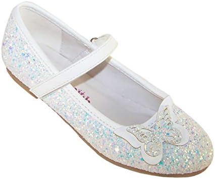 Girls Children Sparkly White Glitter Ballerina Party Special Occasion Shoes with 2D Butterfly Trim