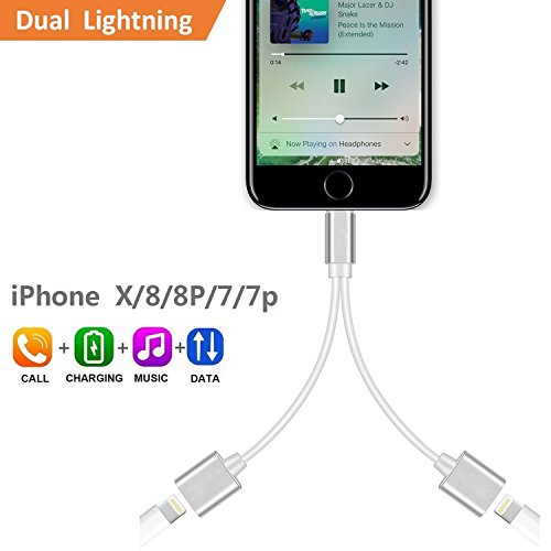 2-in-1 Lightning Splitter Adapter for iPhone 7 / 8 / X / 7 plus / 8 plus, Double lightning ports for dual Lightning Headphone Audio and Charge Adapter. (Compatible IOS 10.3, IOS 11 and Later)-Silver