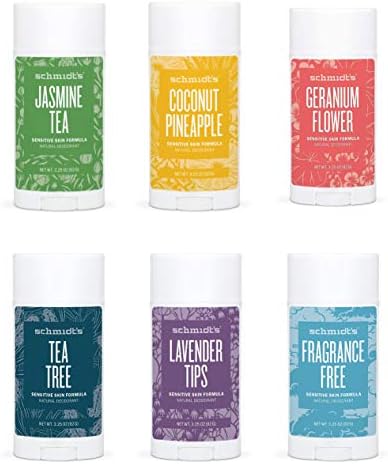 Schmidt's Deodorant Stick 3.25 Oz Variety Pack - 6 Scent's, Jasmine Tea, Coconut Pineapple, Geranium Flower, Tea Tree, Lavender Tips, Fragrance-Free,