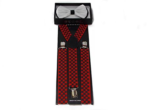 White with Black Accent Bow Tie and Red Checker Suspender