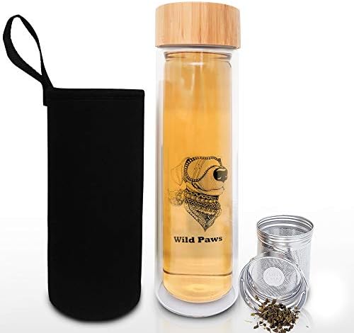 Glass Tea Tumbler with Infuser & Strainer for Loose Leaf or Iced Tea, Coffee, Fruit Water & Matcha. 17oz Cold Brew Coffee Mug w/Bamboo Lid + Travel Sleeve. BPA Free Travel Tea Mug. Dog Lover Gifts